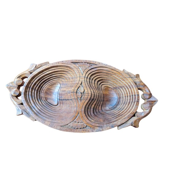 Vintage Wood Coil Carved Bowl Expandable Primitive Decor Footed Double - Picture 5 of 8